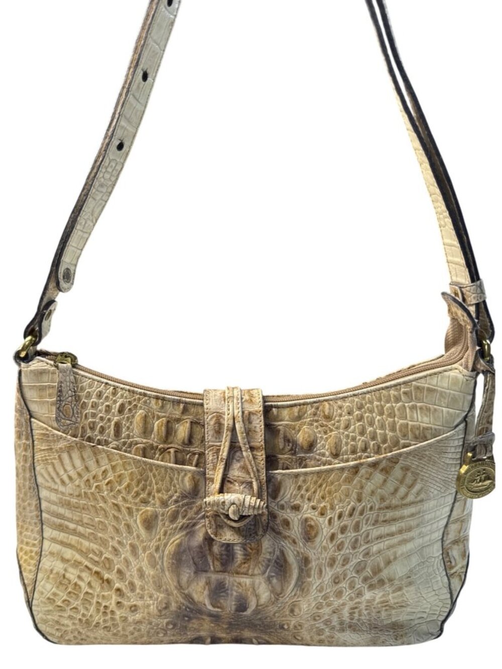 Brahmin Vintage Beige Croc-Embossed Leather Shoulder Bag W/Adjust Strap